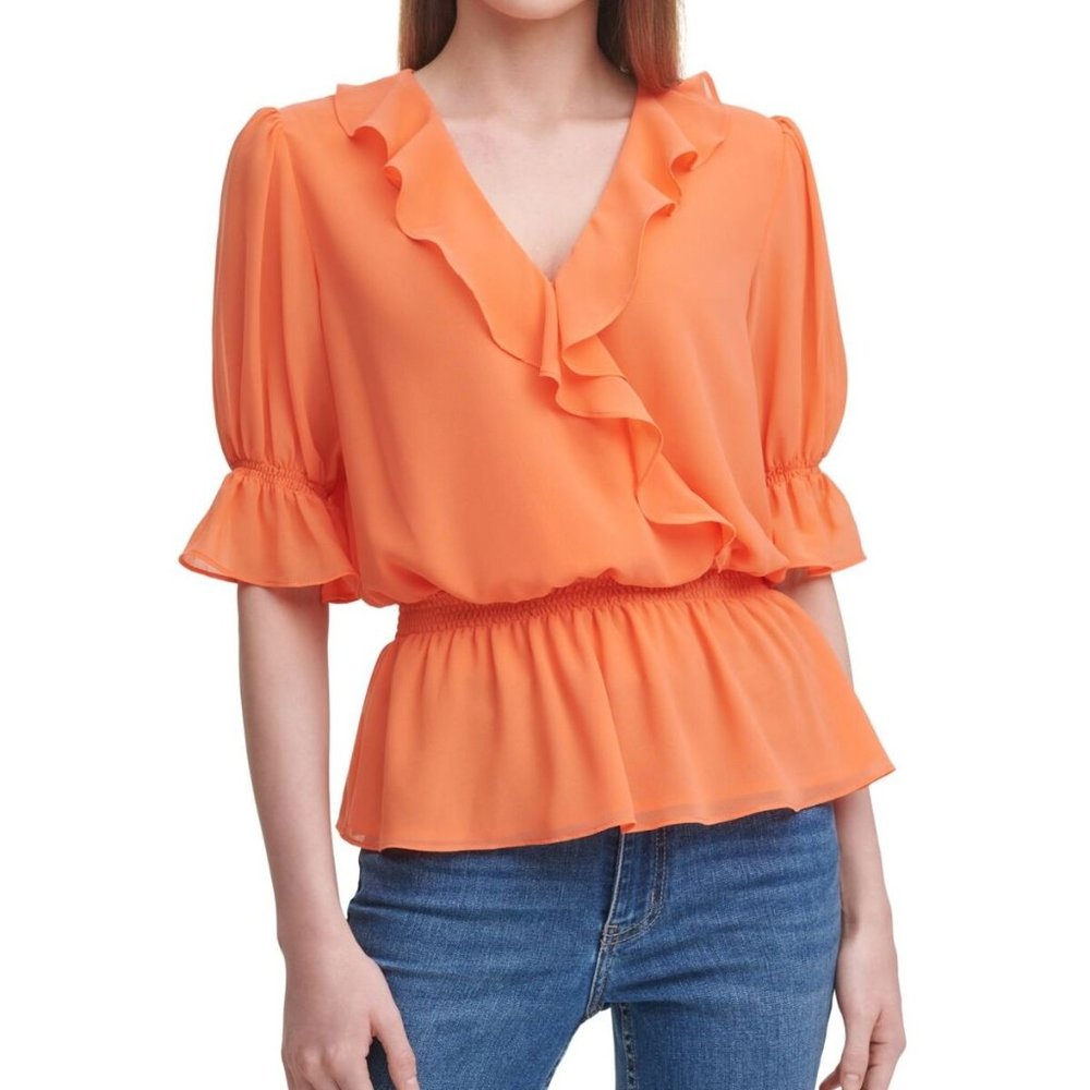 NWT CALVIN KLEIN Womens Orange Surplice Neckline Top XL